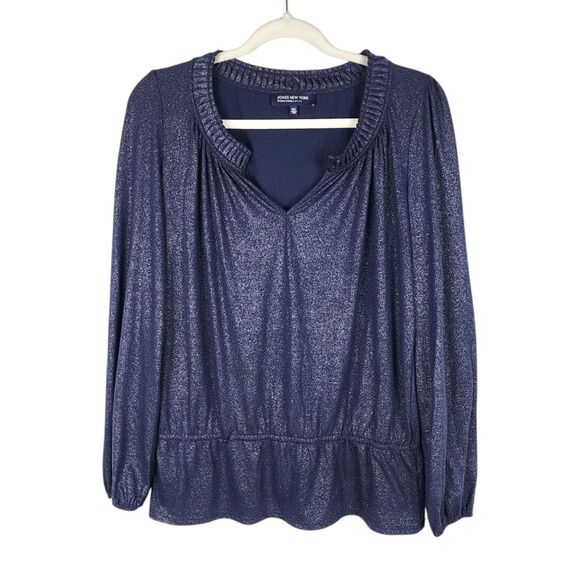 Jones New York Metallic Top Navy Silver Peplum Long Sleeve Pullover Size MP - Picture 1 of 15